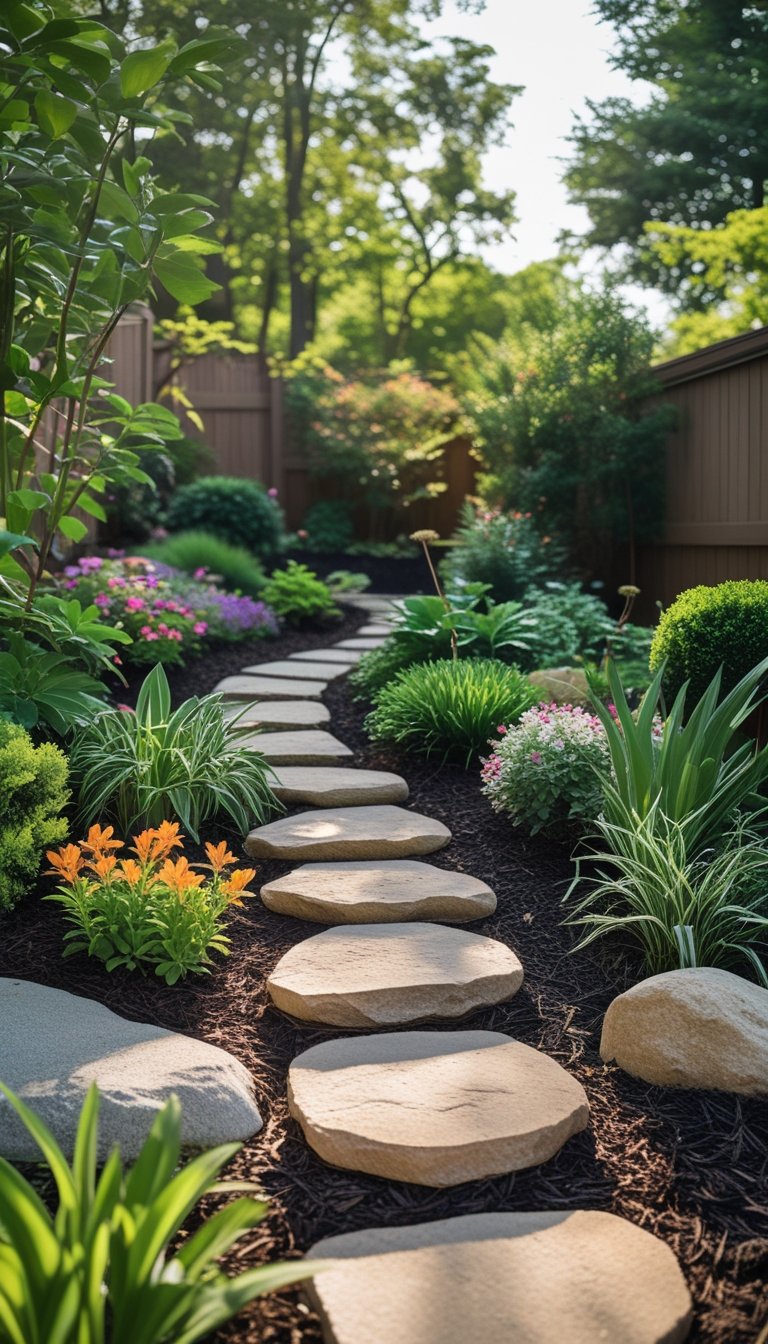 A small backyard with a winding pathway made of stepping stones surrounded by plants and flowers.