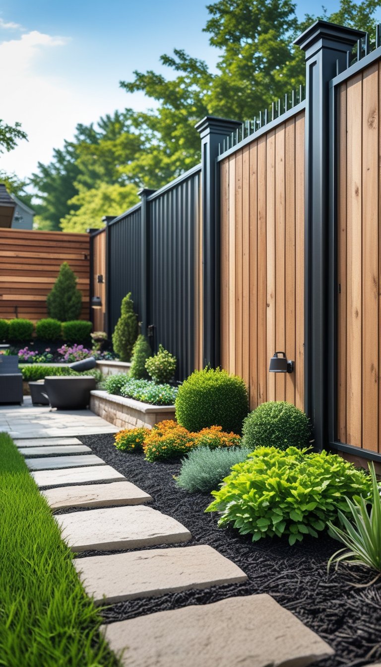 A backyard with green grass, flower beds, shrubs, stone pathways, and a fence made of both wood and metal sections.
