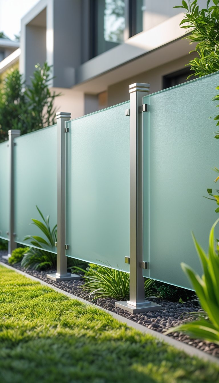 A backyard with a frosted glass panel fence surrounded by green grass and plants, next to a modern house.