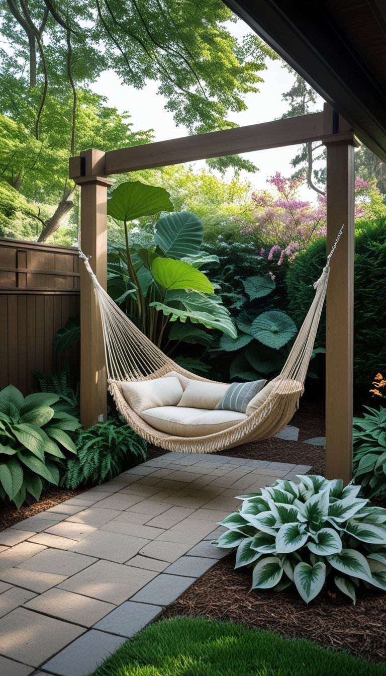 A backyard nook with a hammock surrounded by shade plants and trees.