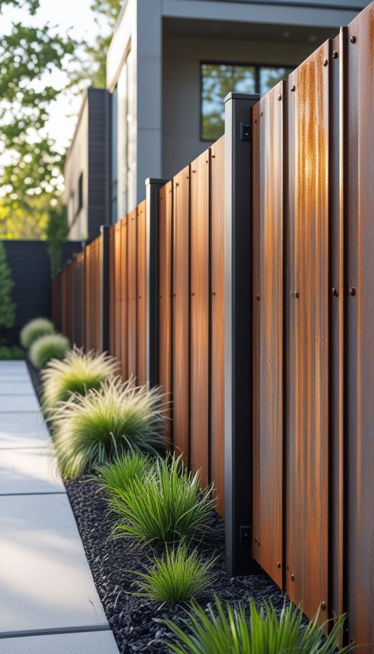 A modern corten steel fence along a landscaped garden pathway next to a contemporary house.