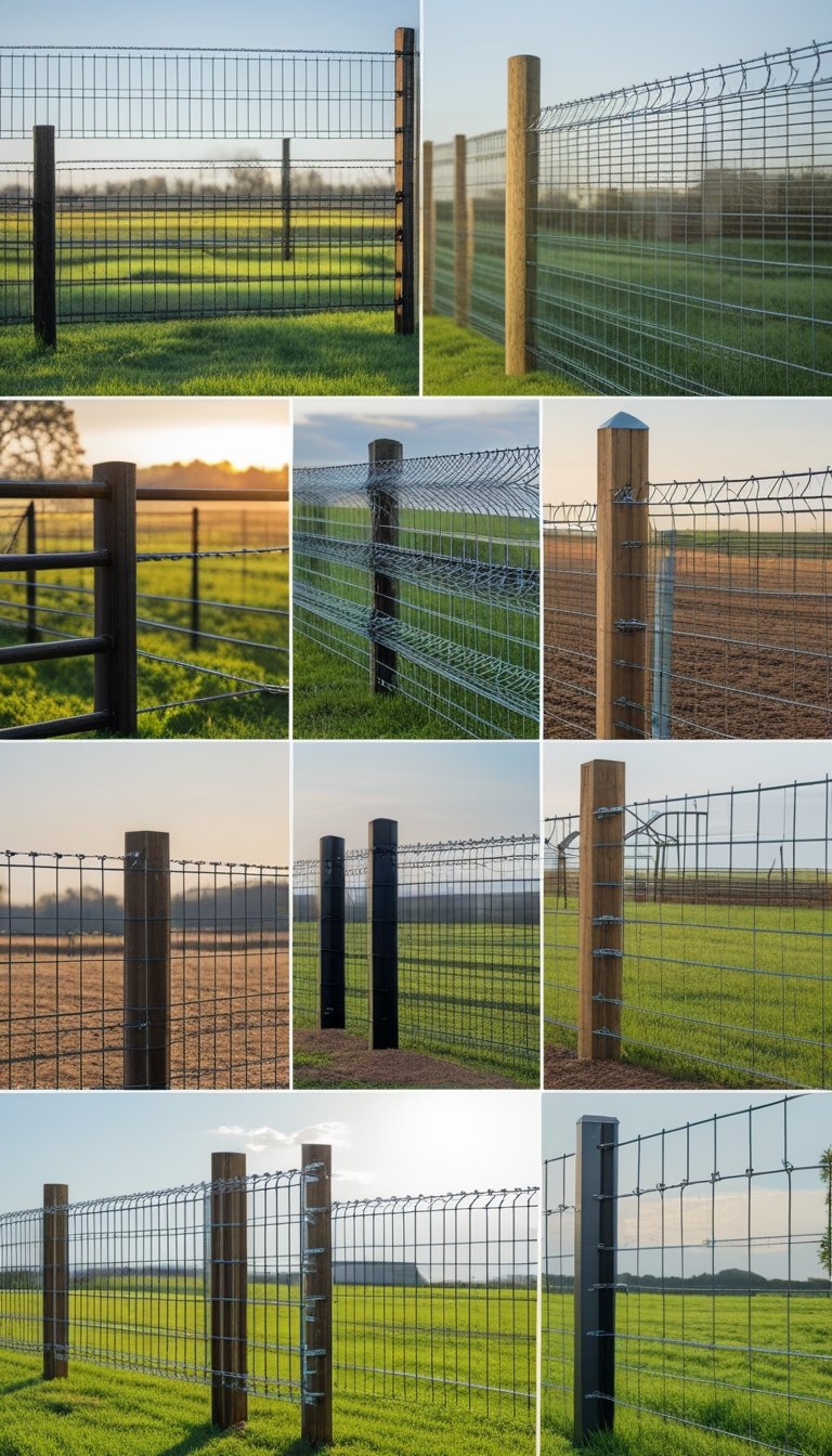 A collection of sixteen different hog wire fence designs displayed outdoors with wooden and metal posts and green grass in the background.