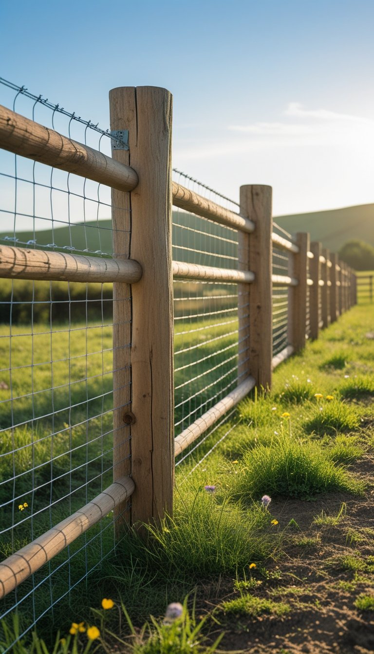 A wood-framed hog wire fence in a grassy rural landscape with hills and a clear sky in the background.