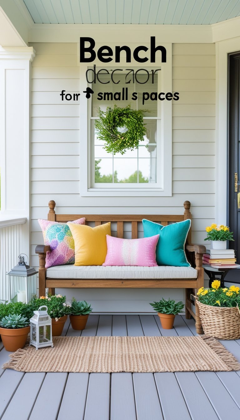 A small front porch with a wooden bench decorated with colorful cushions, potted plants, a woven rug, and decorative lanterns.