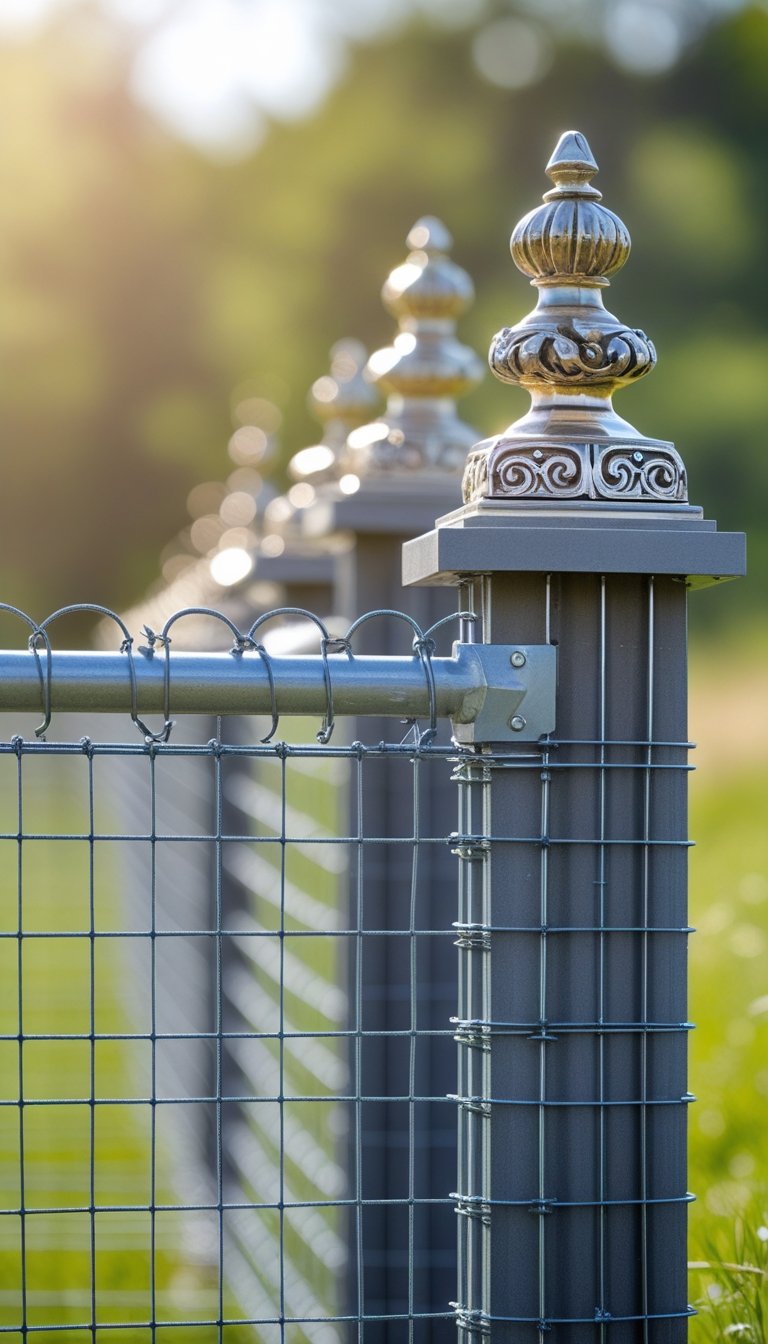 A section of a hog wire fence with decorative metal tops outdoors surrounded by grass and trees.