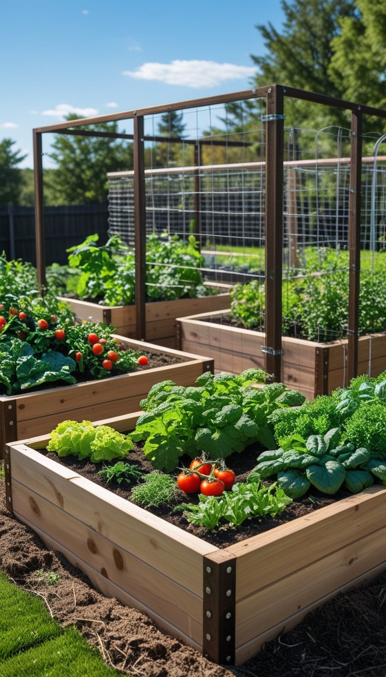 A backyard with raised wooden garden beds filled with vegetables and herbs, enclosed by a metal hog wire fence.