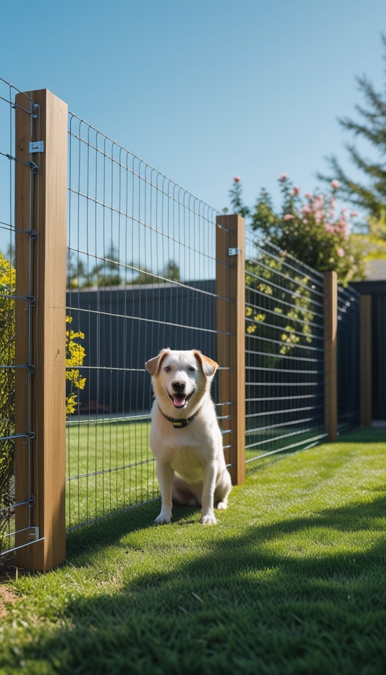 A medium-sized dog standing near a hog wire fence in a green backyard with wooden posts and shrubs.