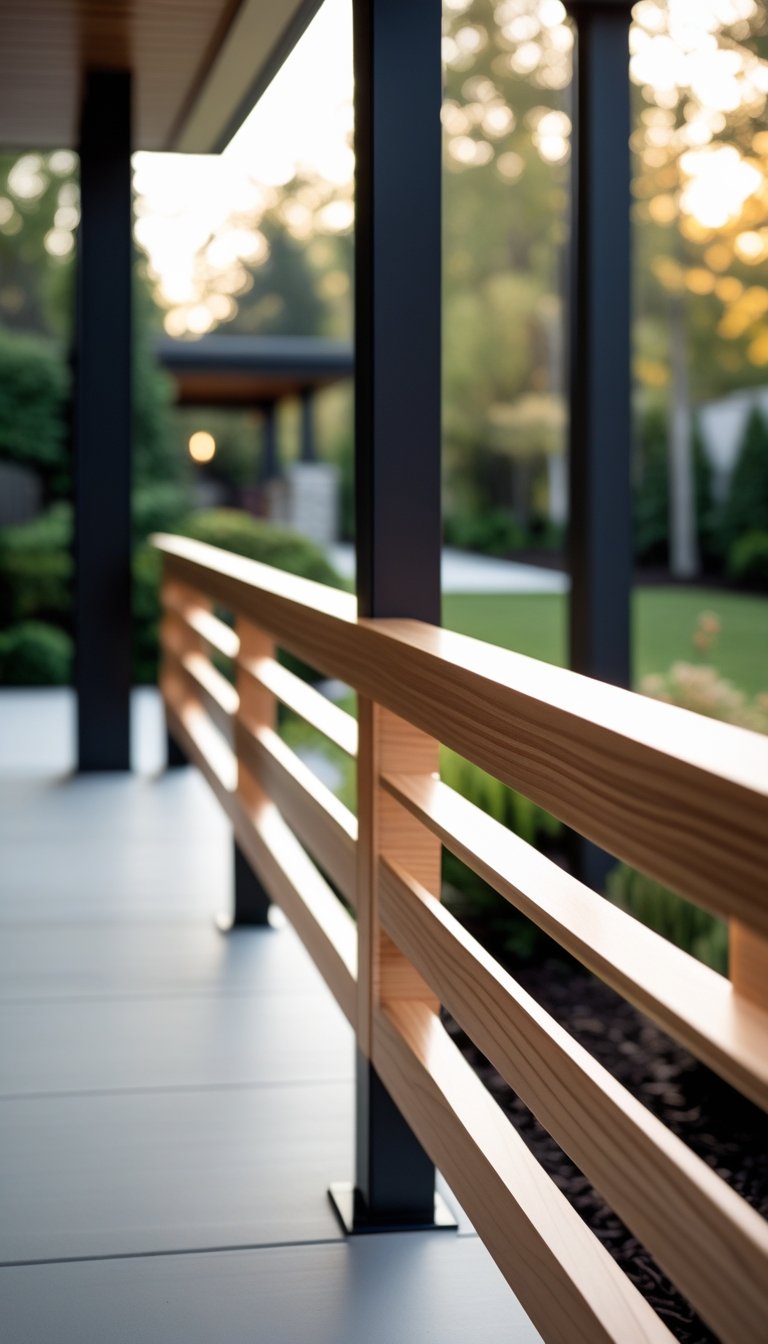 Front porch with a smooth maple wood horizontal railing and a garden in the background.