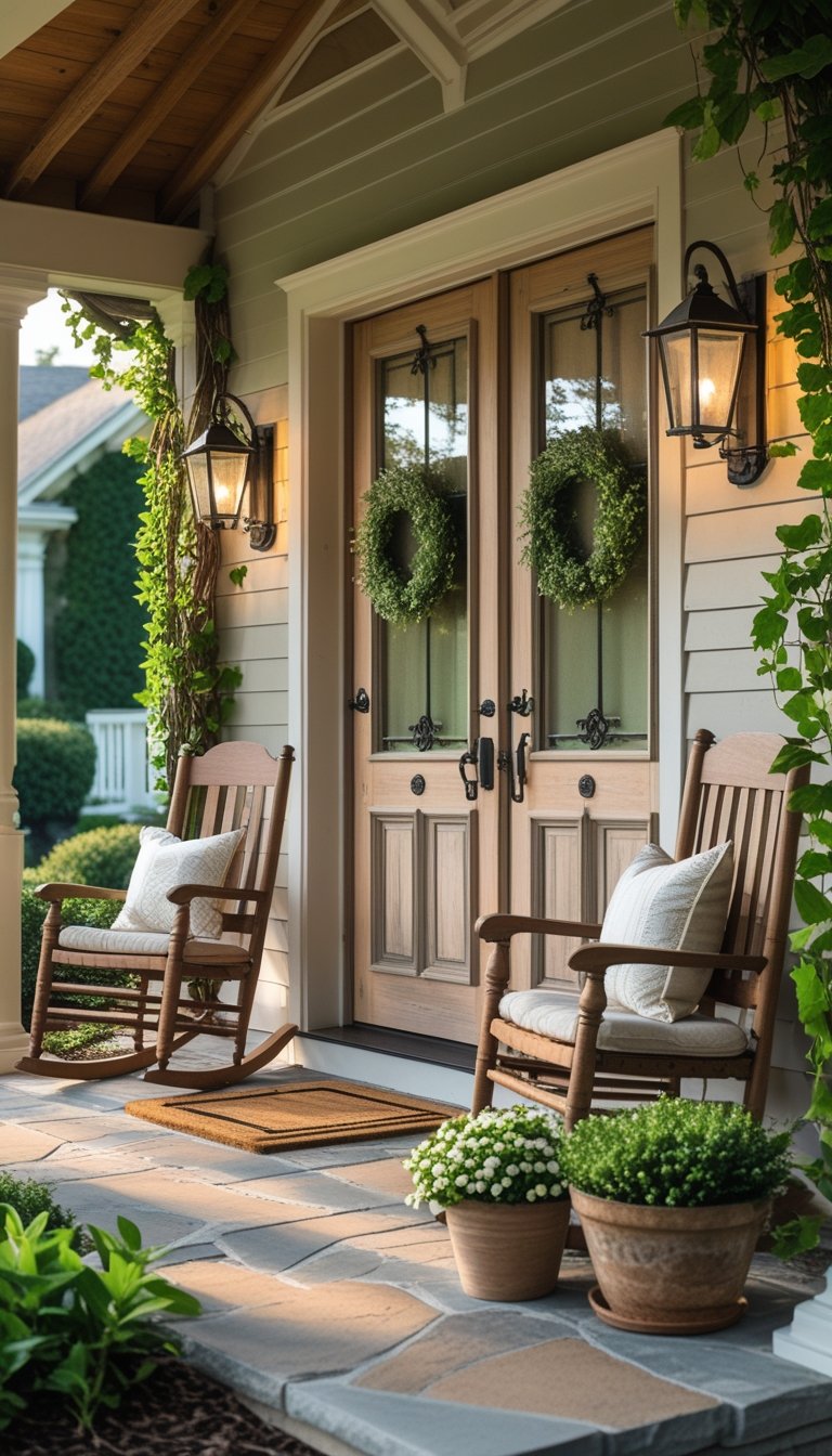 Front porch with double wooden doors, potted plants, and outdoor seating in a garden setting.