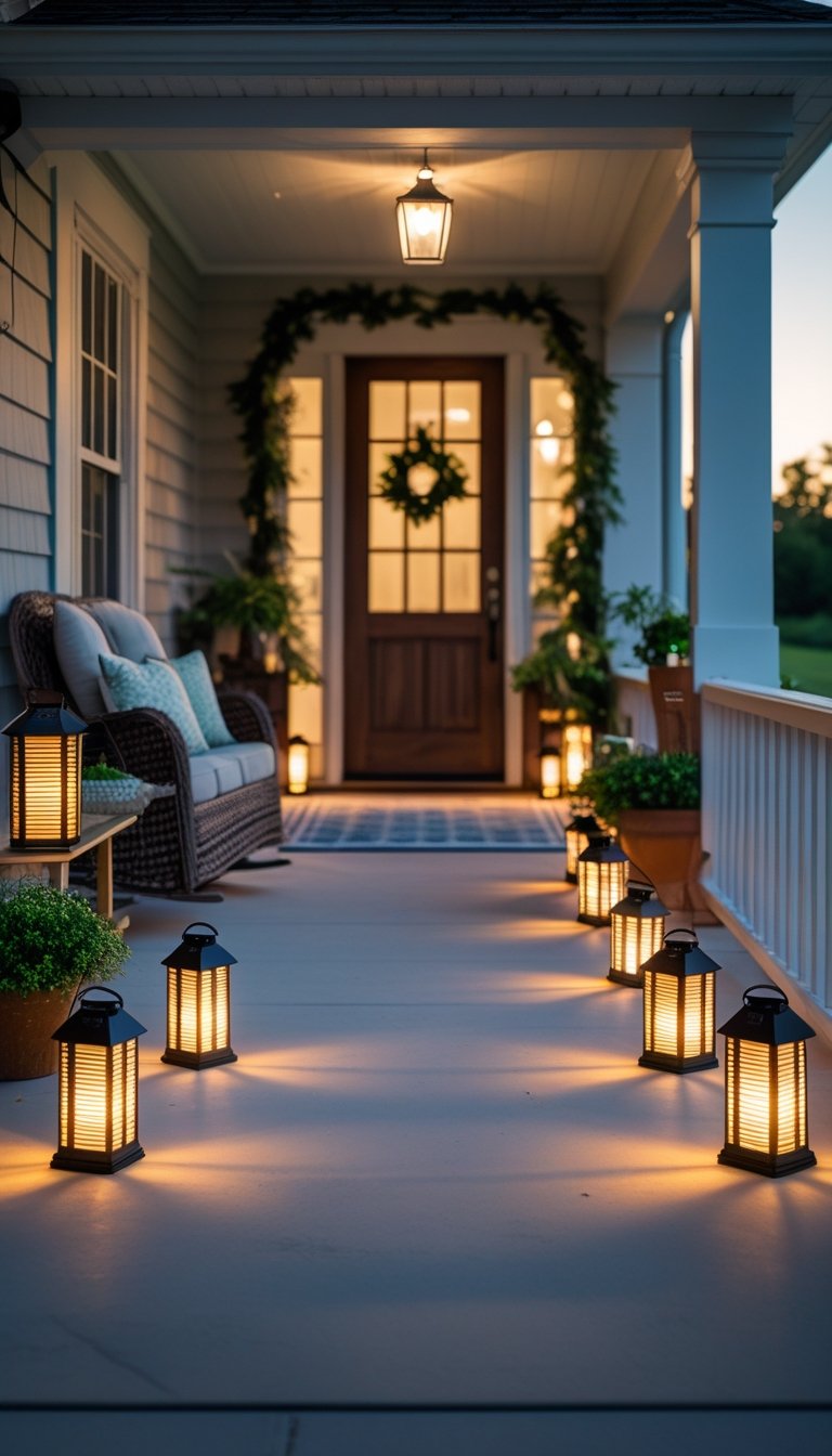 A front porch decorated with sixteen solar-powered lanterns, seating, and potted plants during early evening.