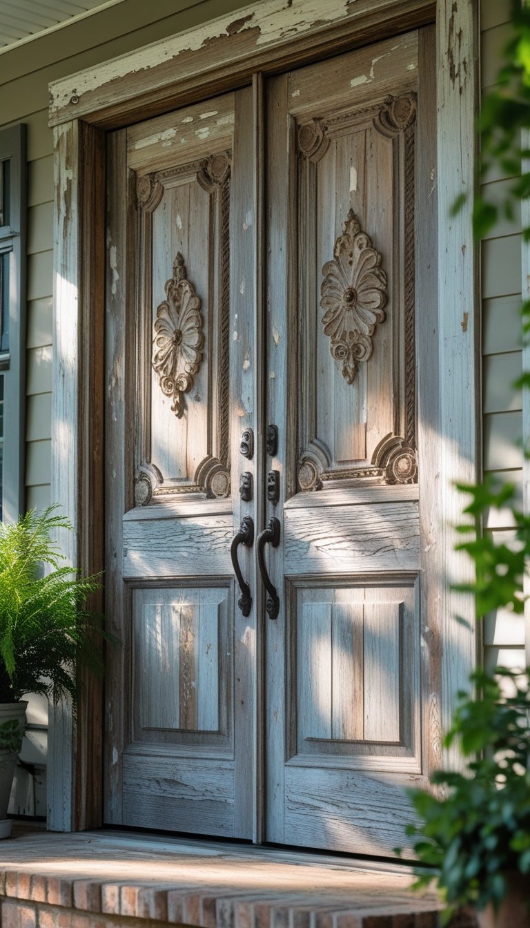 A pair of weathered wooden double French doors with intricate carvings at the entrance of a front porch.