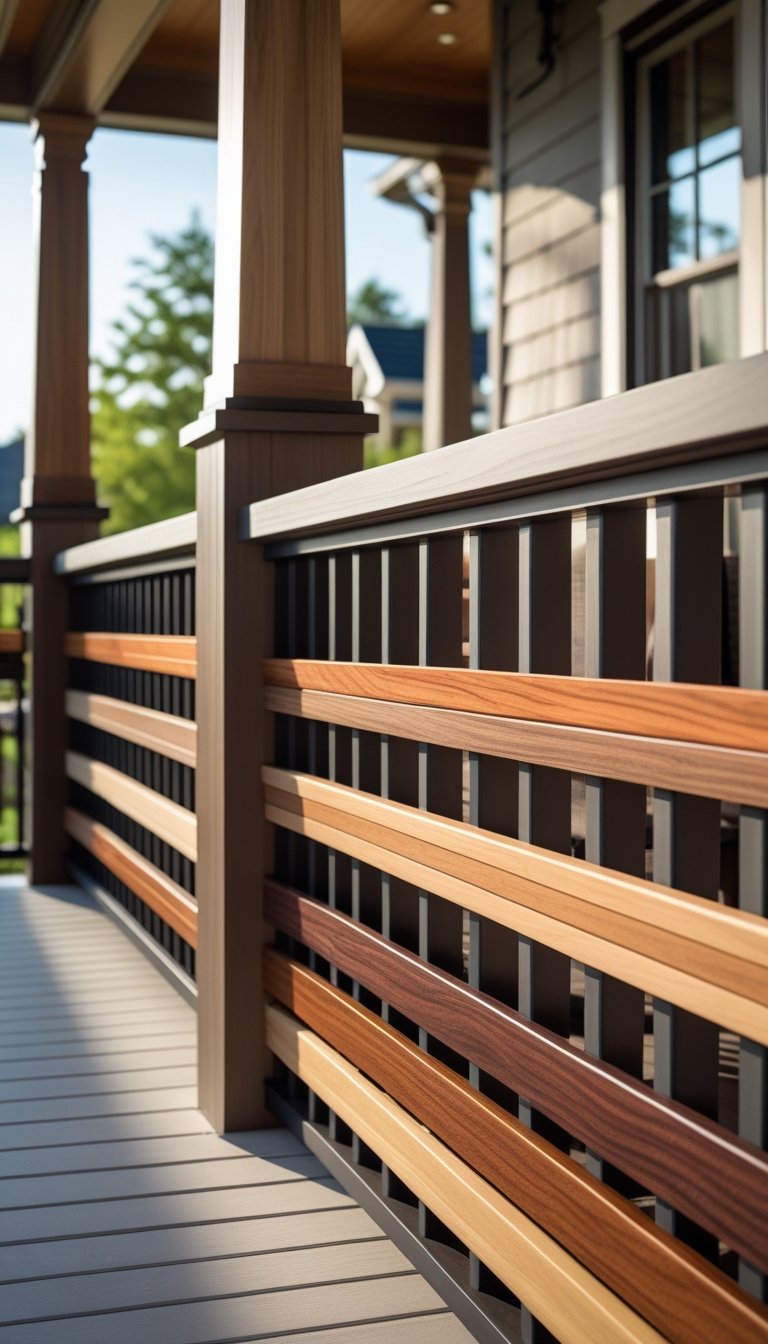 Front porch railing made of horizontal wood slats with different wood tones, with a seating area and plants in the background.