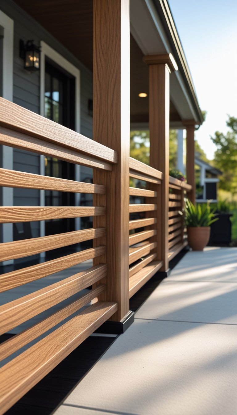 Front porch with horizontal wood railings made of composite material resembling natural wood, surrounded by plants and an entrance door.