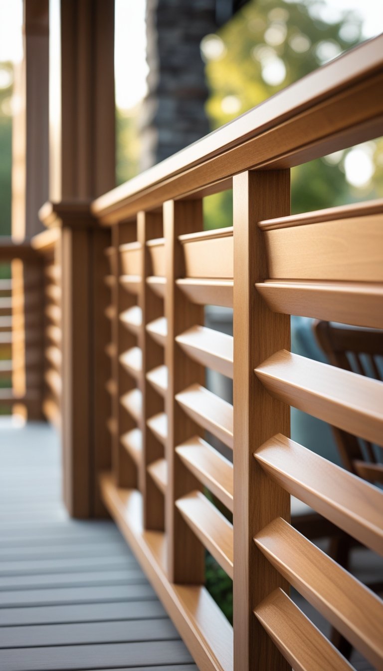 Close-up of a front porch railing made of horizontal wooden slats with beveled edges.
