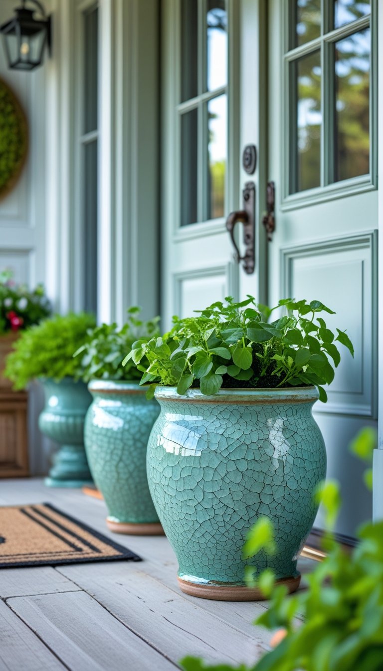 Close-up of crackle-glazed ceramic pots with plants near double doors on a front porch.