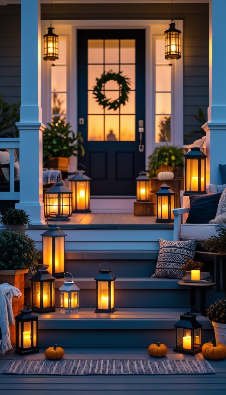 A front porch at dusk decorated with multiple lanterns emitting flickering candlelight, surrounded by seating, plants, and cozy decorations.