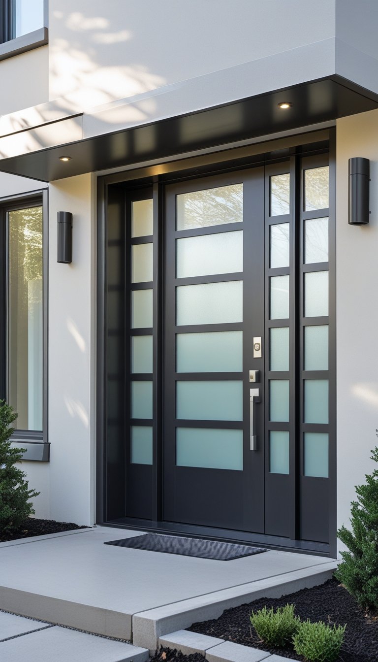 A modern steel front door with frosted glass panels installed in an outdoor front entrance surrounded by shrubs and a stone pathway.