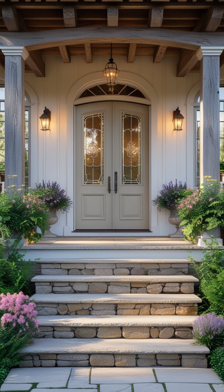 Natural stone steps leading up to a front porch with double doors surrounded by plants.