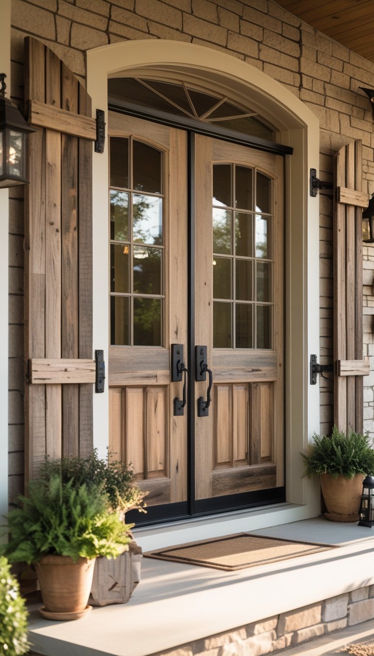 Front porch with double doors and wooden shutters on both sides, decorated with plants and outdoor lighting.