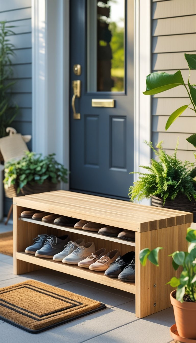 A compact wooden bench with shoe storage in a small front entryway outside a house, surrounded by plants and a front door.
