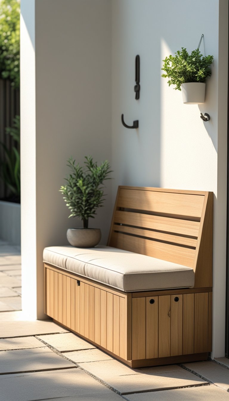 A small outdoor entryway with a compact wooden bench that has built-in storage, a cushion on top, a potted plant nearby, and stone tile flooring.