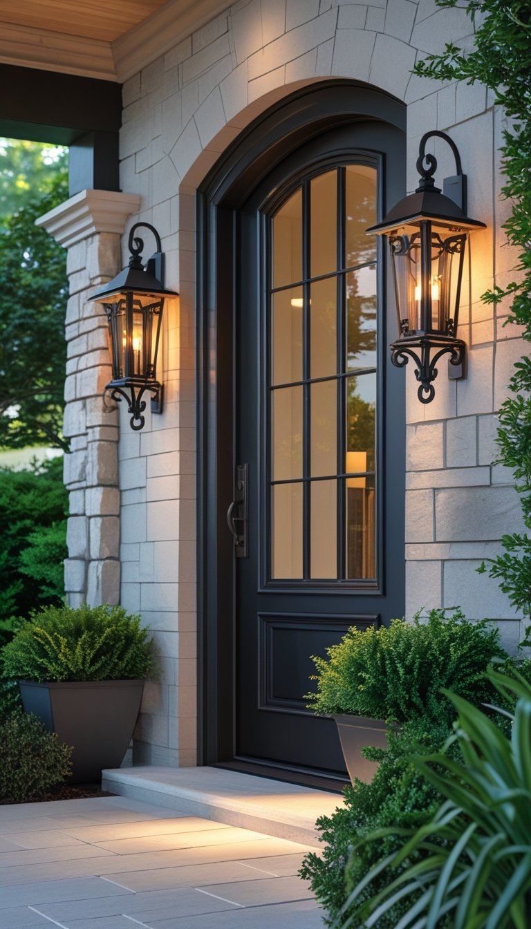 A front entrance with black lantern-style wall sconces mounted on the exterior walls beside the door, surrounded by plants.