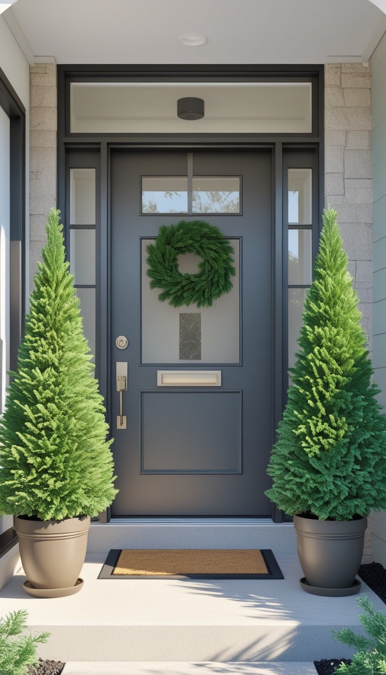 Front door with two potted evergreen plants on either side in a small outdoor entryway.