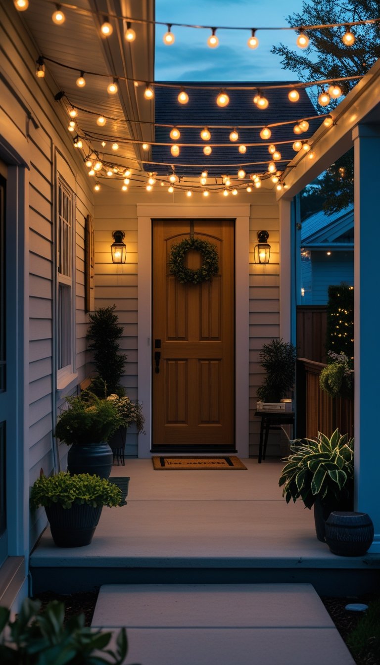 Small outdoor entryway with hanging string lights glowing above a wooden door surrounded by potted plants and a welcome mat.
