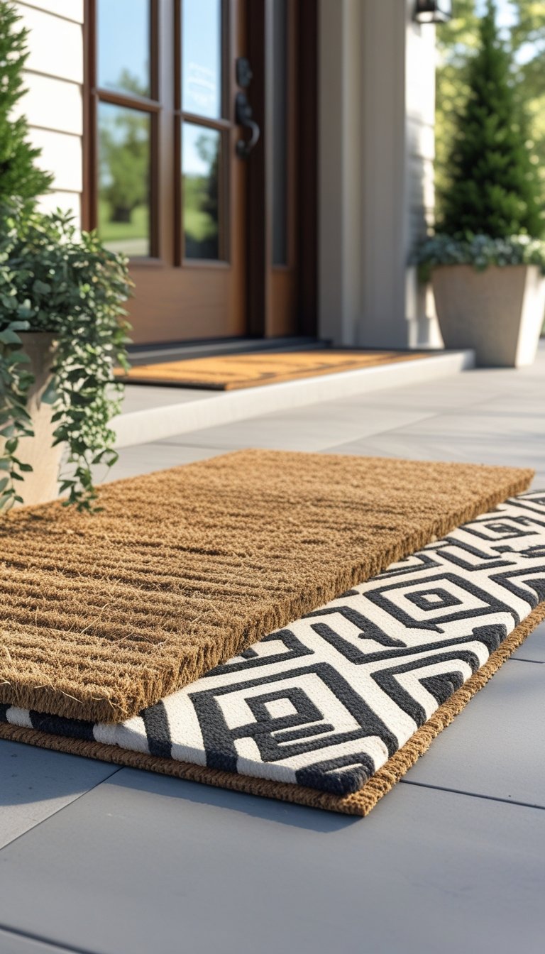 Outdoor front entrance with a layered doormat featuring a geometric pattern and surrounding plants.