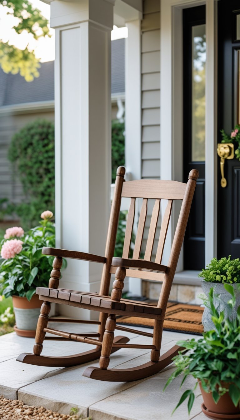 A small wooden rocking chair on an outdoor porch near a house entryway with plants and a welcome mat.