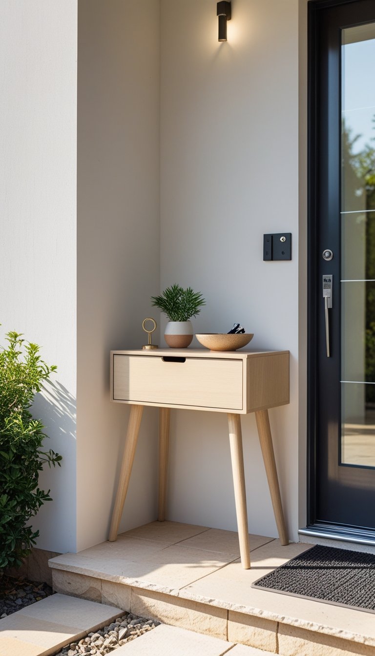 A slim console table with a drawer placed in a small front entryway outside a house, featuring a plant, bowl, and lamp on the table, with a door and plants in the background.