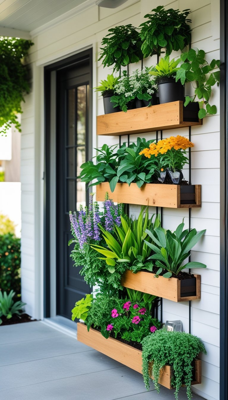 Outdoor entryway with vertical garden planters filled with green plants and colorful flowers on a clean exterior wall.