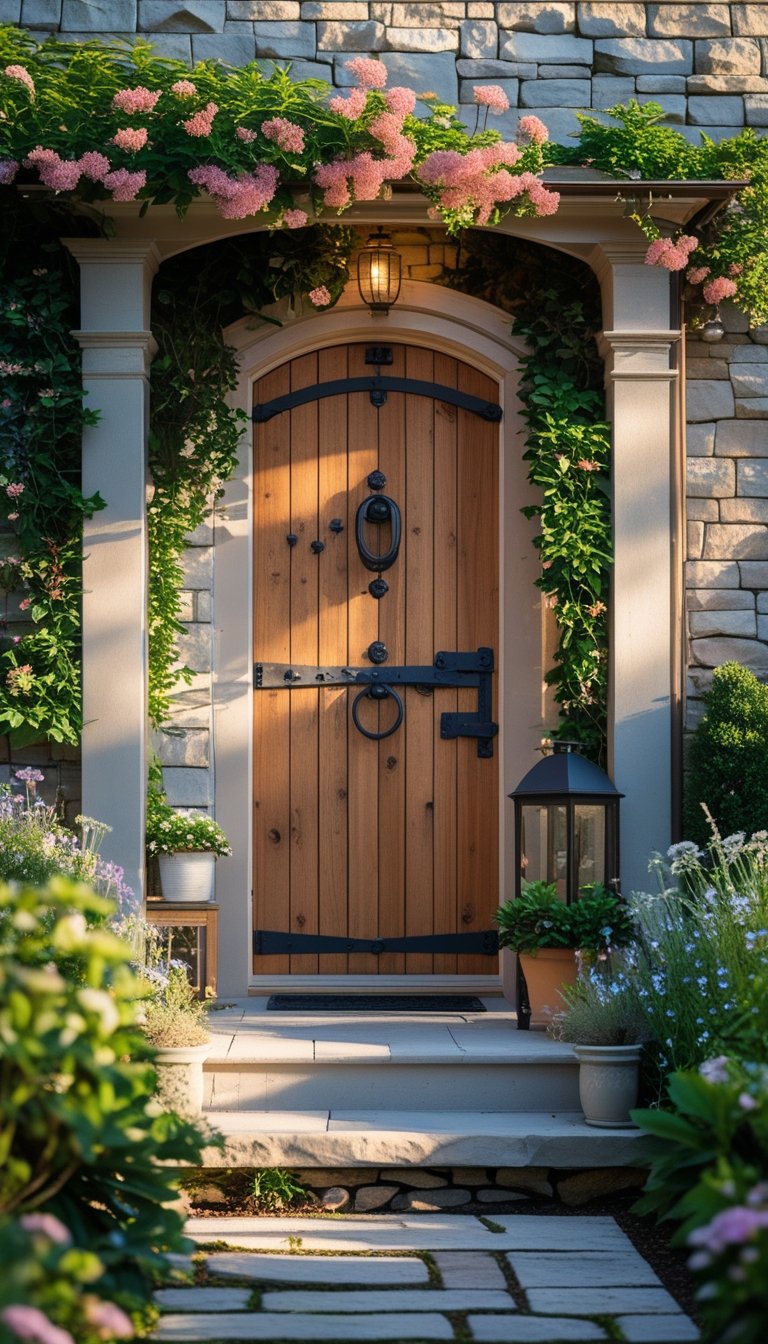 A wooden front door surrounded by stone walls, plants, and a stone pathway leading to the entrance.