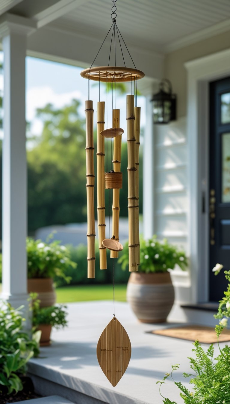 A decorative wind chime hanging near a front door surrounded by plants and outdoor decorations.