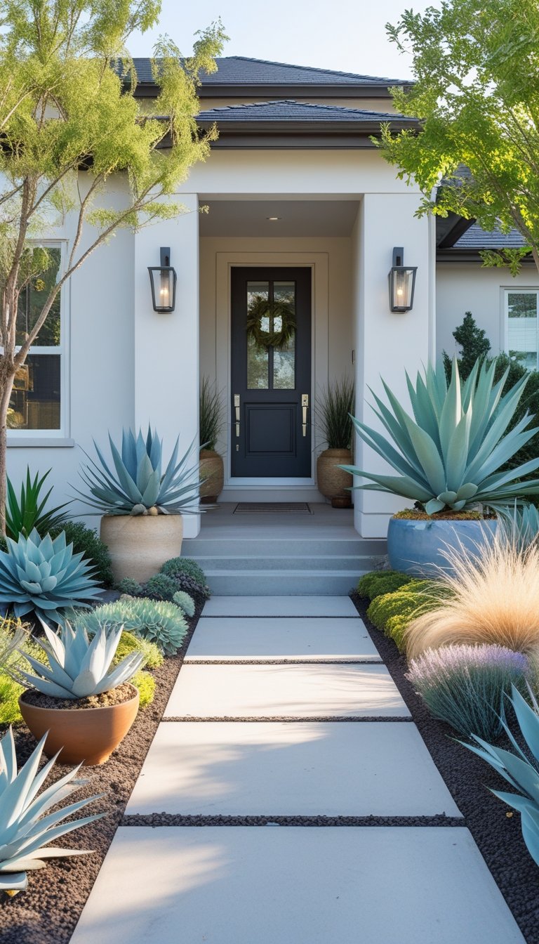 Outdoor front entrance with drought-tolerant plants including succulents and ornamental grasses arranged around a modern doorway.