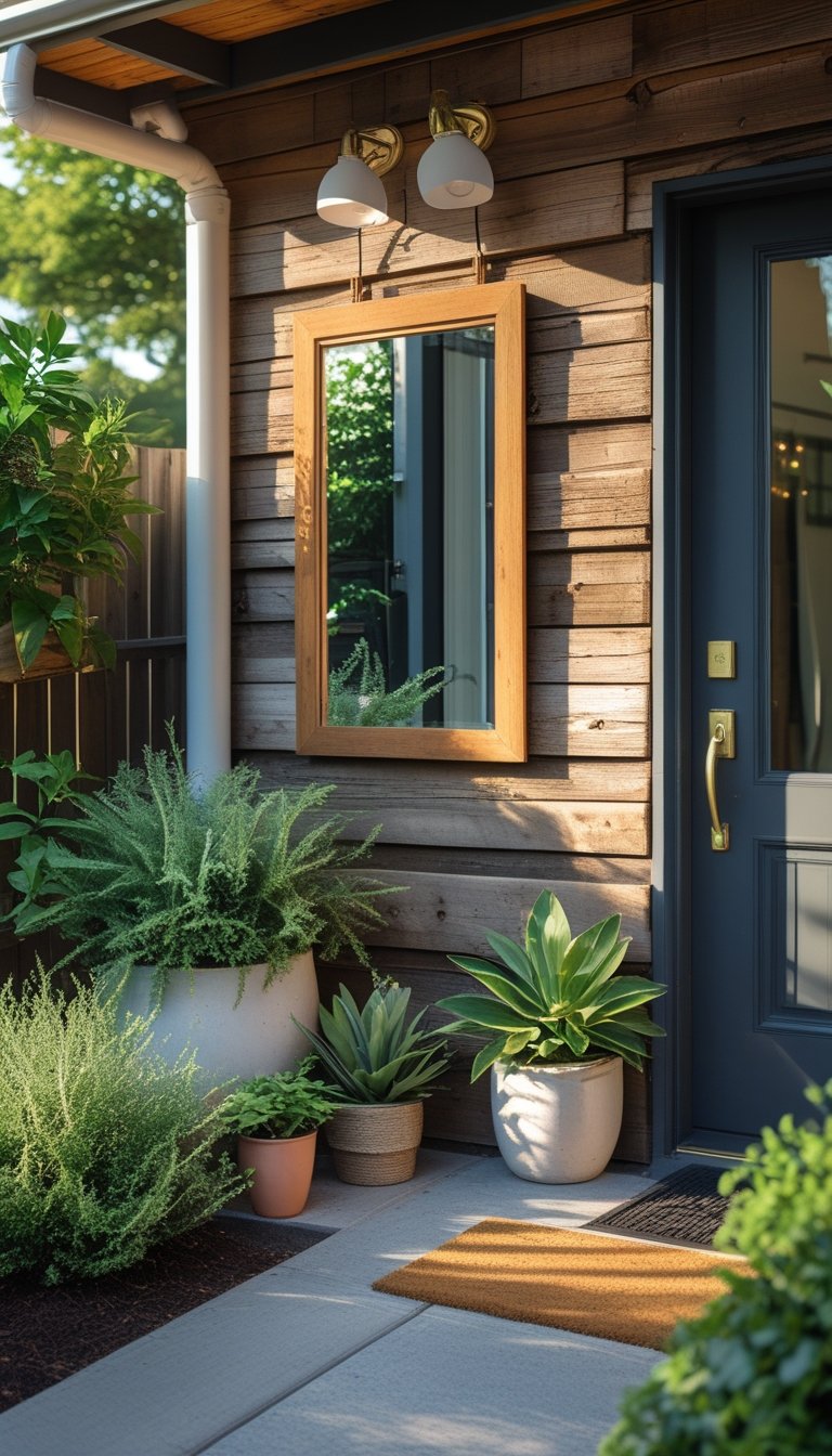 Small outdoor entryway with a wooden wall, a mounted mirror, potted plants, and a front door.