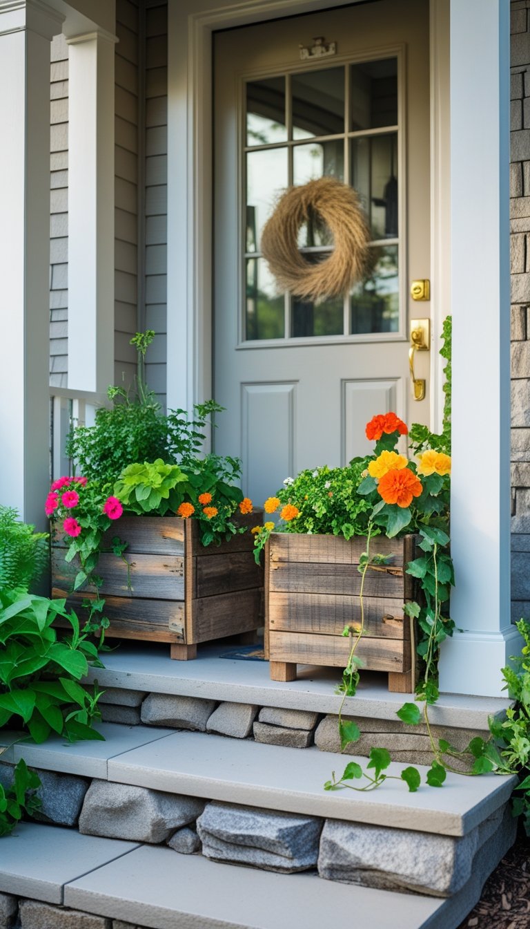 Front entryway with rustic wooden planter boxes filled with green plants and colorful flowers beside a front door and stone steps.