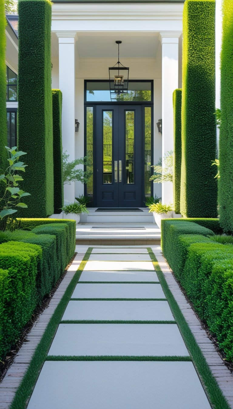 A front entrance with a wide pathway flanked by neatly trimmed symmetrical hedges leading to a house door.