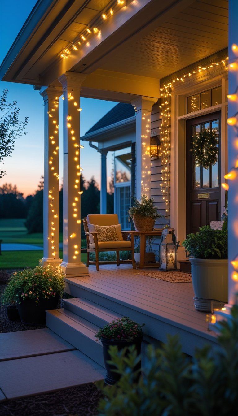 A front porch decorated with warm string lights, potted plants, and outdoor seating during early evening.