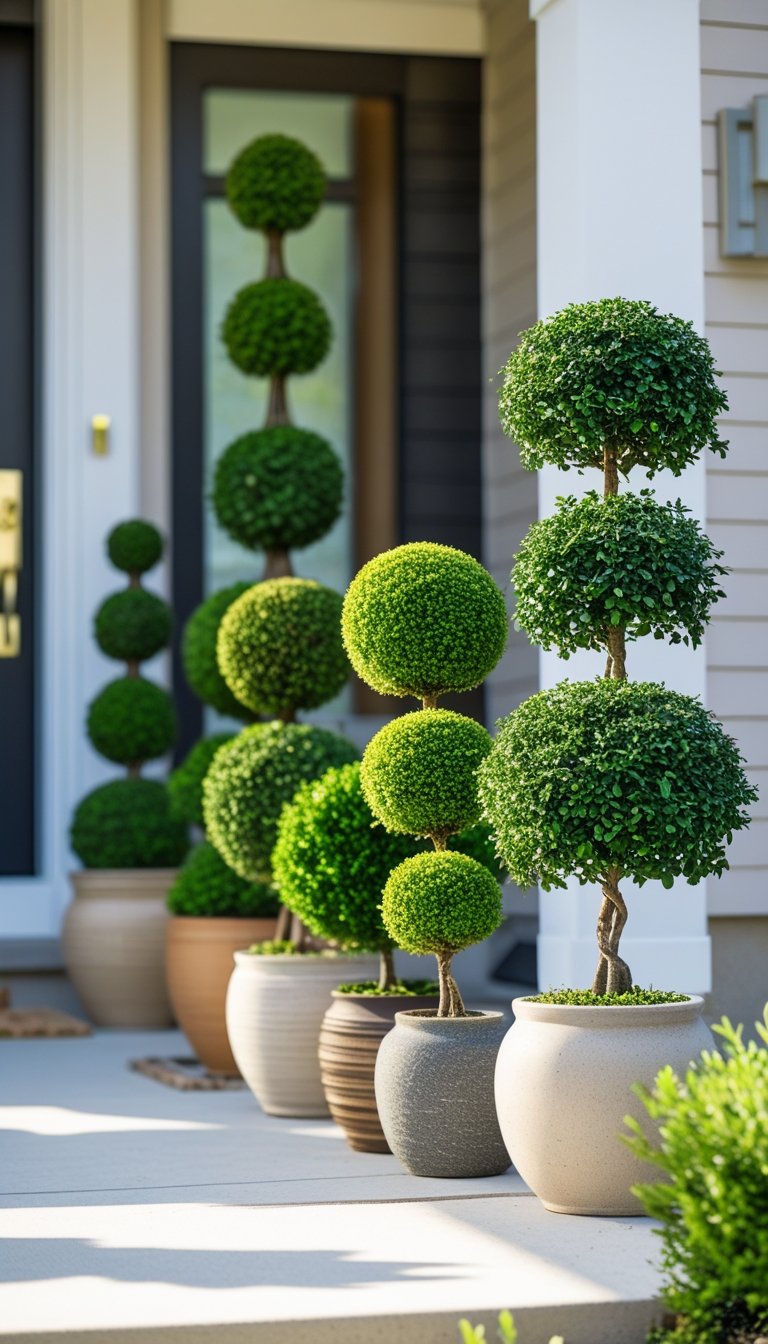 A small front entryway with miniature topiary trees in decorative pots arranged neatly near the door.