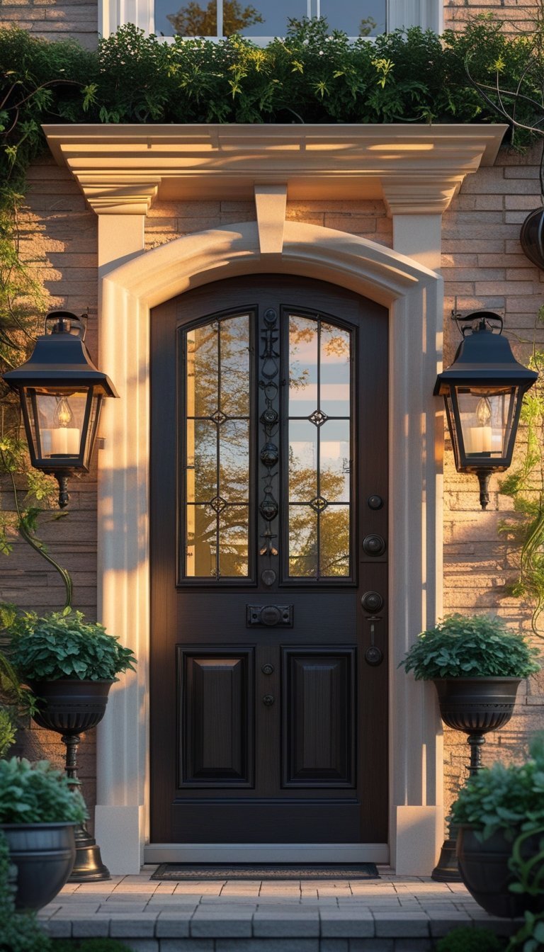 Outdoor front entrance with black metal lanterns on either side of a wooden door, surrounded by plants and warm sunlight.