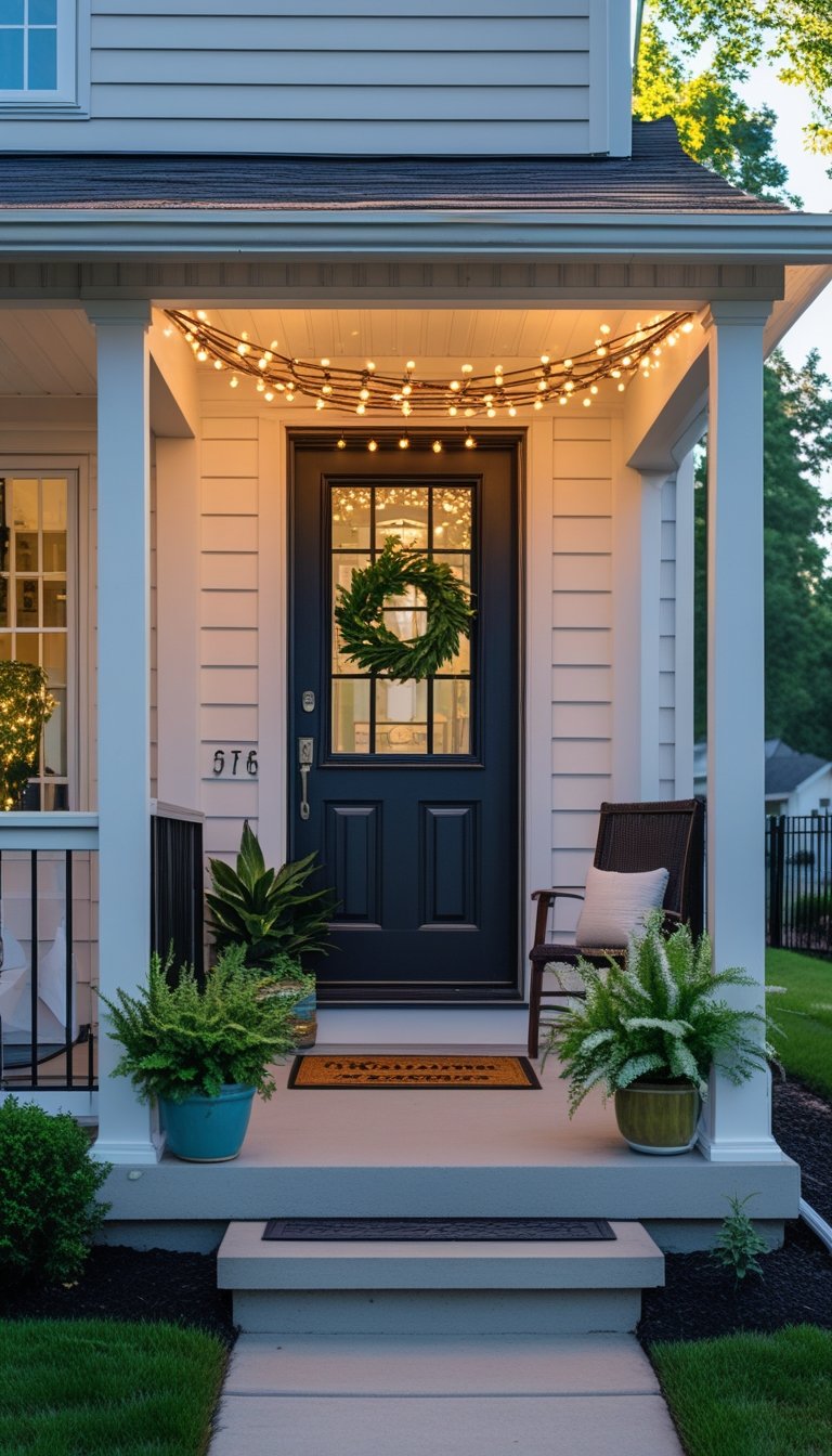 Small front porch with string lights around the roof, plants, and a welcoming doorway.