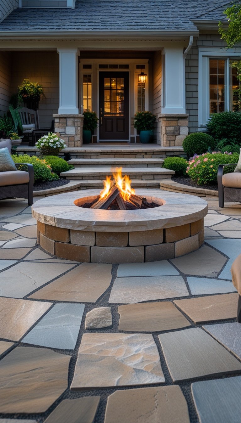 A natural stone front patio with a built-in fire pit surrounded by outdoor seating and landscaping near a house entrance.