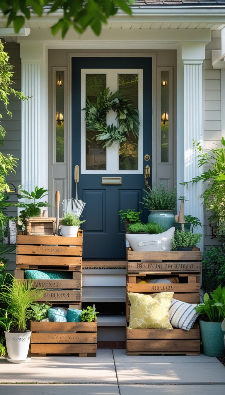 Outdoor entryway with rustic wooden crates used for storage, surrounded by plants and a front door.