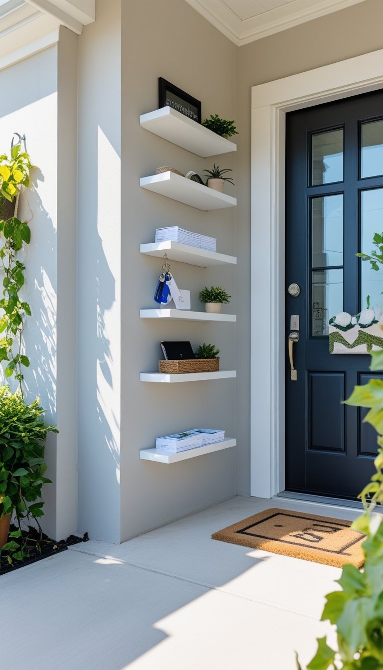 Front entryway with small floating shelves holding keys and mail mounted on an exterior wall near the door.