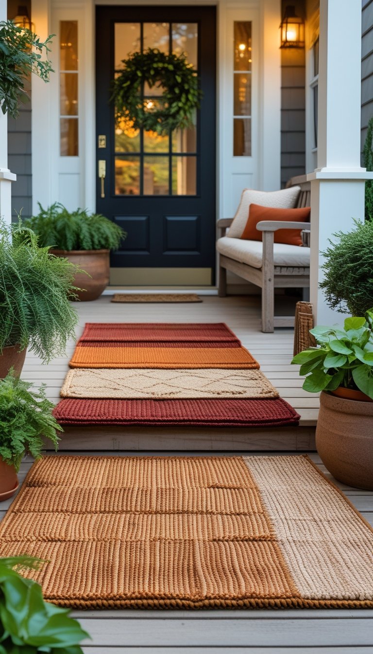 A front porch with layered outdoor rugs, potted plants, and a wooden bench creating a welcoming entrance.