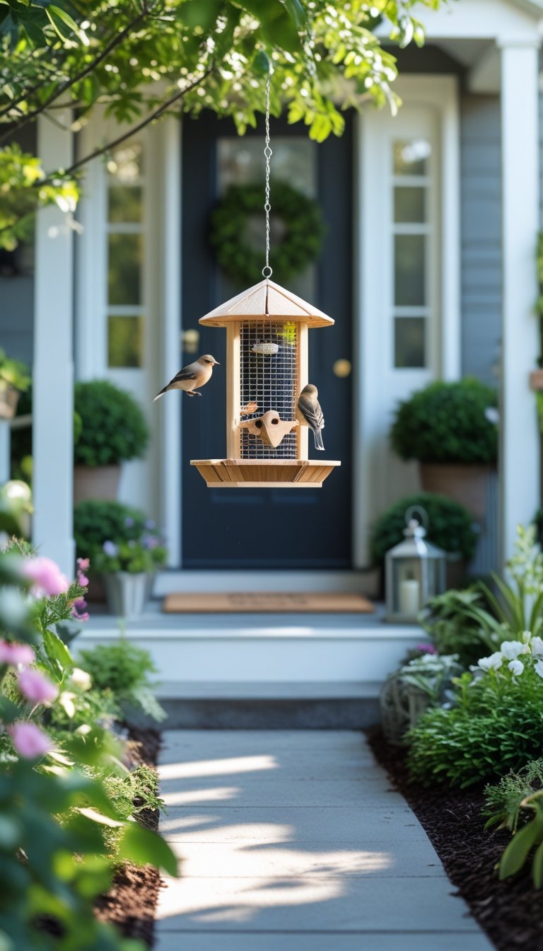 Outdoor entryway with a hanging bird feeder surrounded by plants and a pathway leading to a front door.