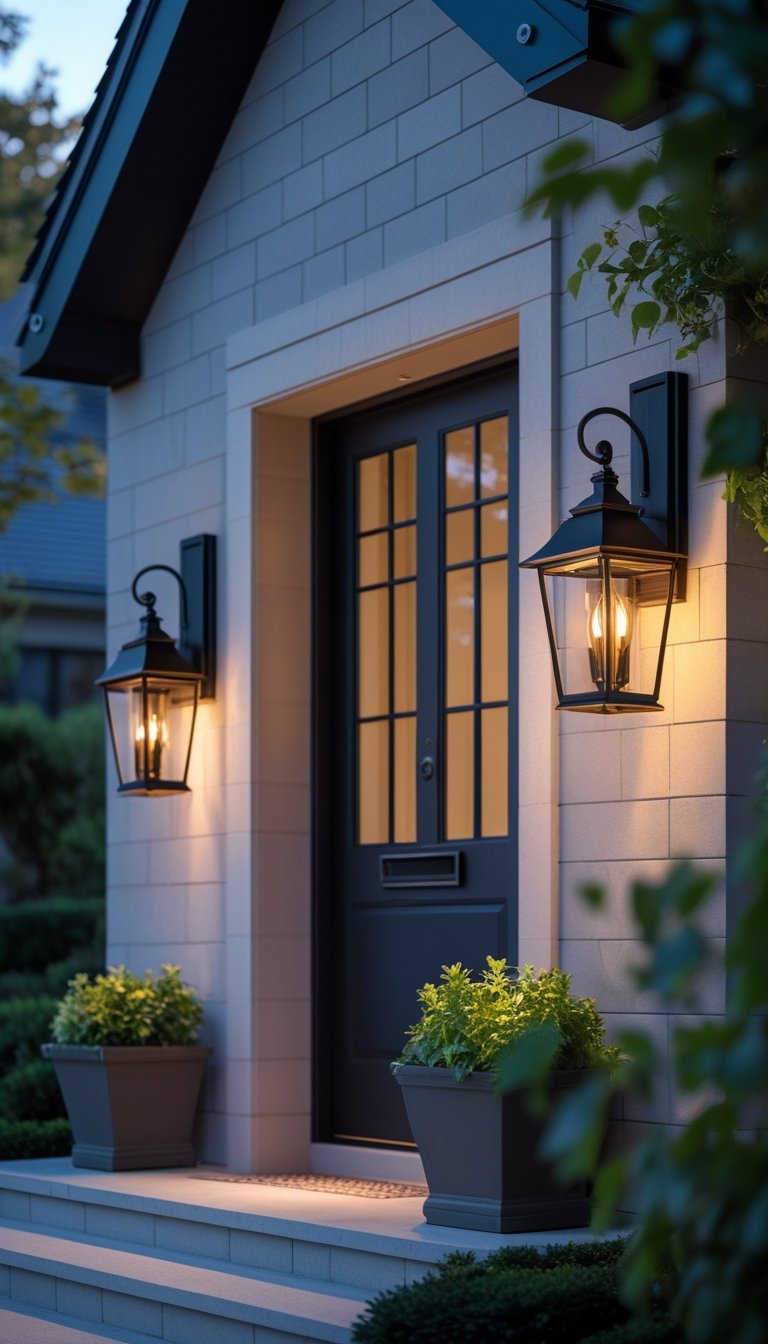 A front entrance of a house with several outdoor wall-mounted sconces providing warm light around the doorway.