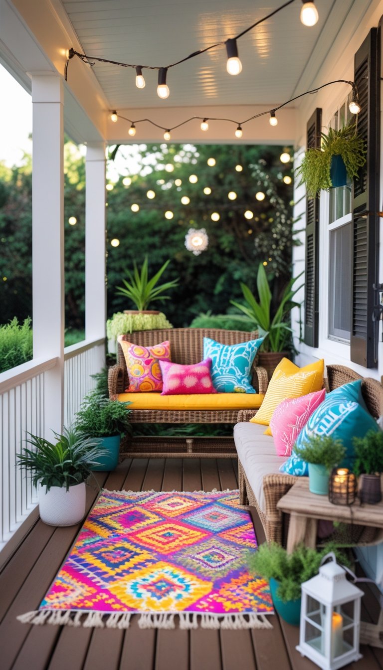 A small porch with a wooden bench and colorful outdoor throw pillows surrounded by potted plants and simple decorative items.