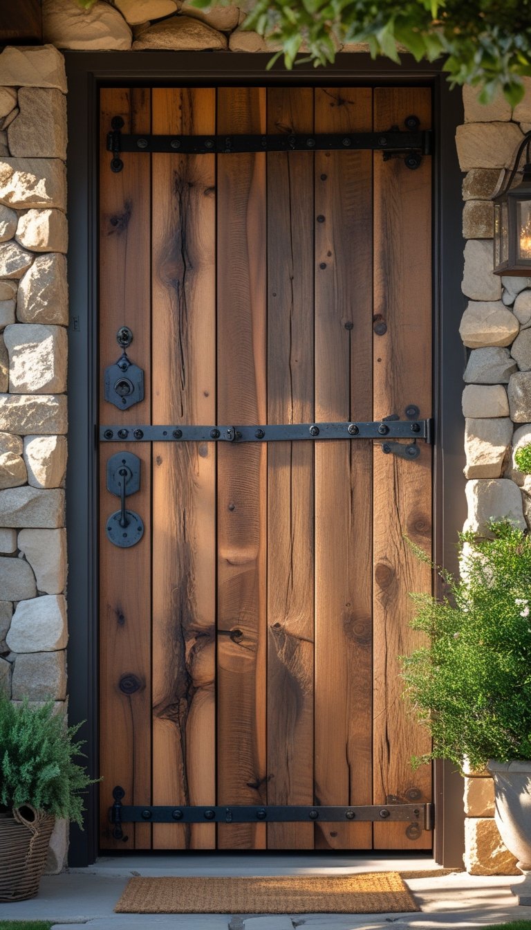 A wooden farmhouse door with iron accents set in a stone wall surrounded by greenery.
